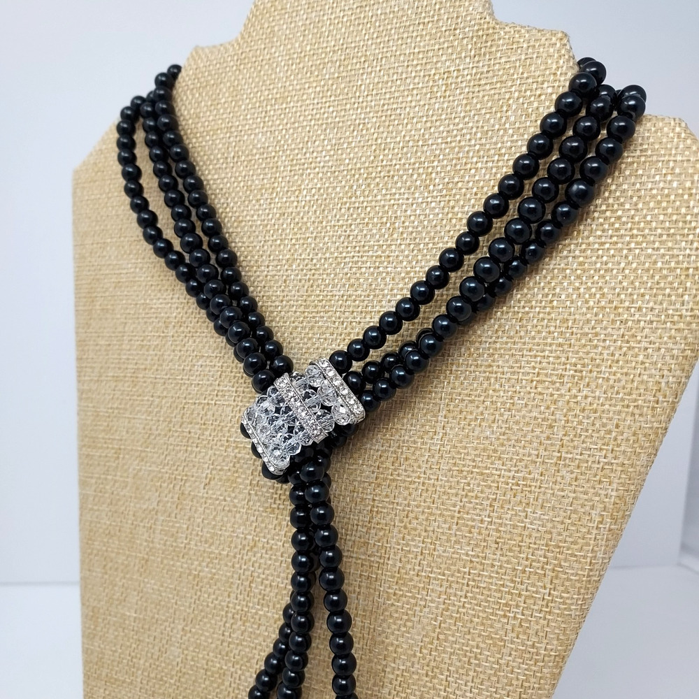 Lariat Bolo Necklace Triple Asymmetrical Black Clear Glass Beads Party 30"